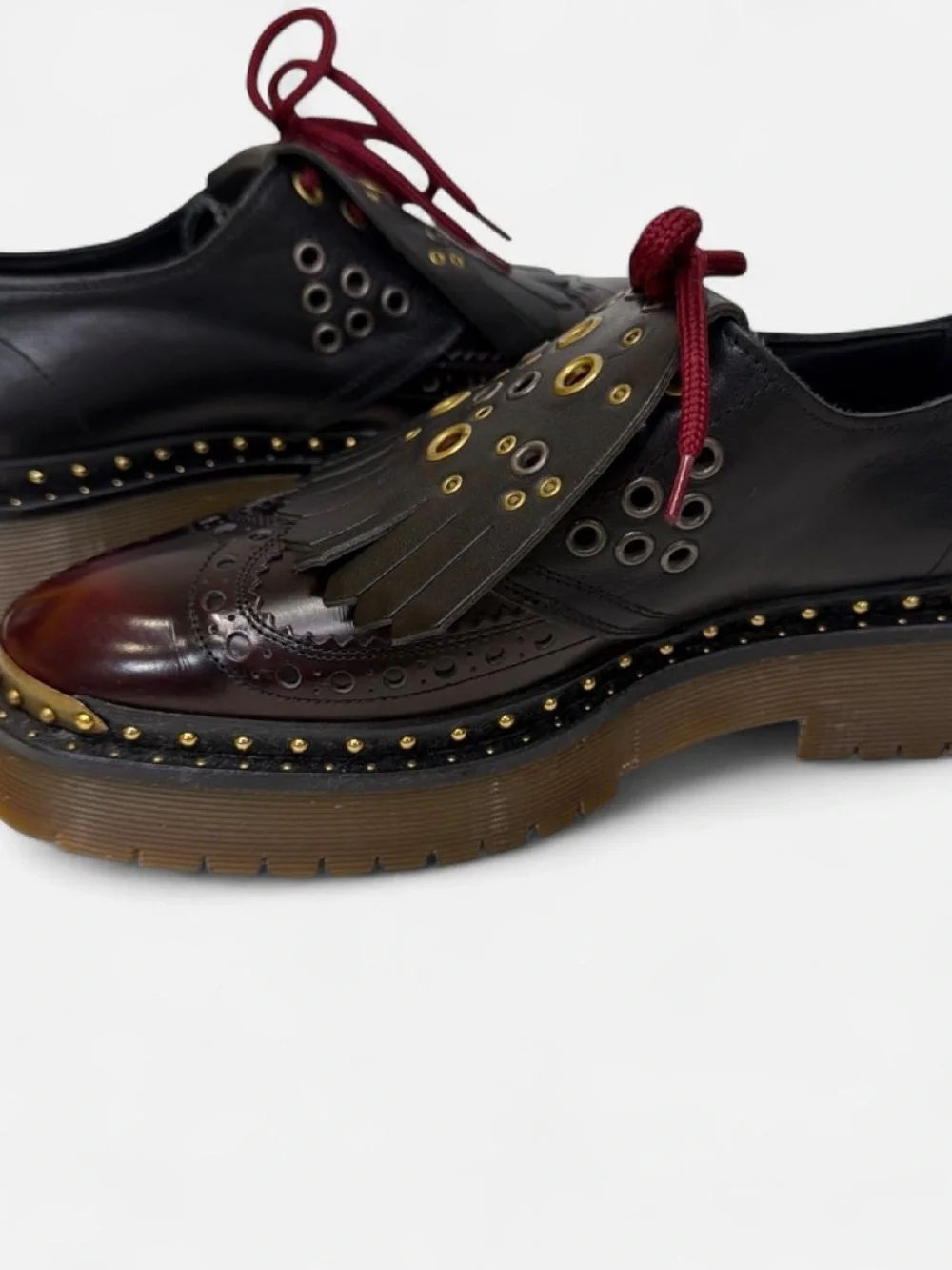 Burberry Black & Burgundy Platform Brogue Oxfords with Gold Accents